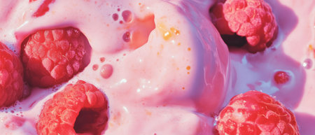 Creamy yogurt smoothie texture with fresh raspberries and vibrant colors in a seamless patternの素材