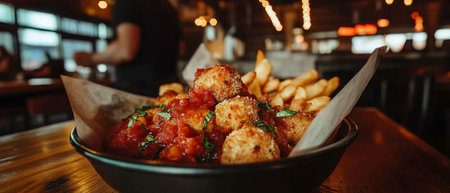 Delicious meatballs in marinara sauce served with crispy fries in a cozy eatery