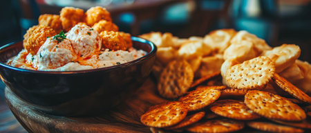 Enjoying cheese balls, creamy dip, and crackers at a festive gathering with friendsの写真素材