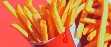 Enjoying crispy French fries served with rich red ketchup on a bright backgroundの写真素材