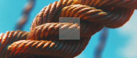 Braided rope with interwoven strands showcasing rough texture in bright sunlightの素材