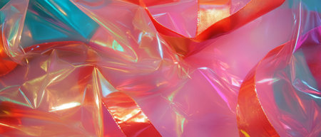 Vibrant plastic ribbons create a shiny, textured visual display of colors and reflectionsの素材