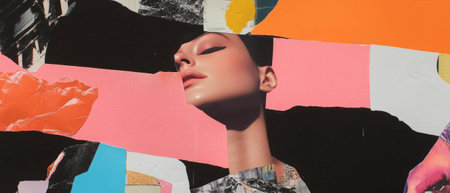 Minimalistic scrapbook collage showcasing contrasting fabric and paper texturesの素材