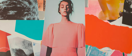 Minimalistic mixed media collage showcasing textile textures in a vibrant fashion studioの素材