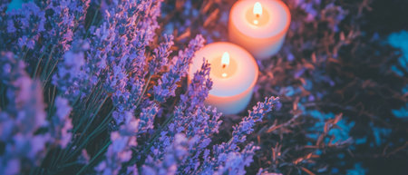 Relaxing lavender sprigs and candles create a calming spa atmosphere in serene flat layの写真素材