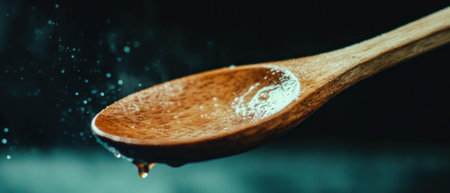 Close-up view of a beautifully crafted wooden spoon glistening with water dropletsの素材