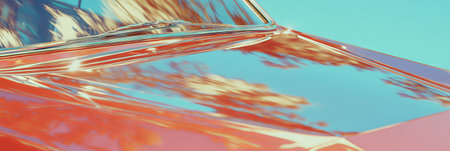 Glossy plastic with vibrant reflections and chrome trim in bright sunlightの素材