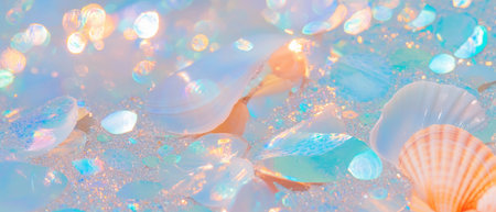 Colorful abstract background of seashells and mermaid scales with beach themeの素材
