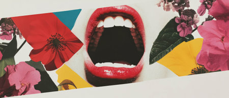 Collage of a mouth screaming amidst geometric shapes and floral elements on a white background