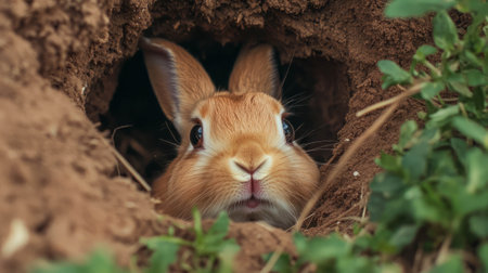 Curious rabbit peeking from burrow in natural habitatの素材