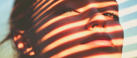 Sunlight creates a warm glow on the face highlighting natural features and serenityの素材