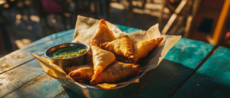 Enjoying crispy samosas with spicy chutney on a vibrant outdoor tableの写真素材