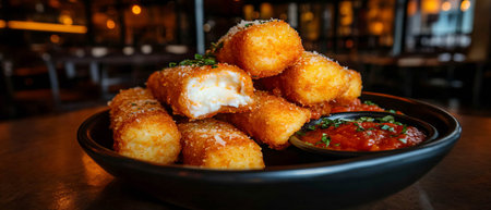 Savory mozzarella sticks served with rich marinara sauce for delightful snacking momentsの写真素材
