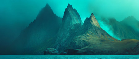 Dramatic interplay of light and shadow over rugged mountains and tranquil waters at duskの素材