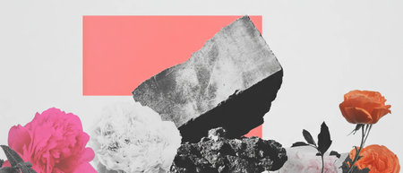 Minimalist collage featuring flowers and a brick wall crumbling in a geometric layoutの素材