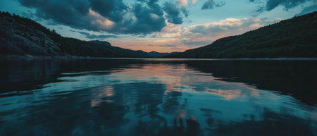 Tranquil sunset over a serene lake reflecting colorful skies and gentle wavesの素材