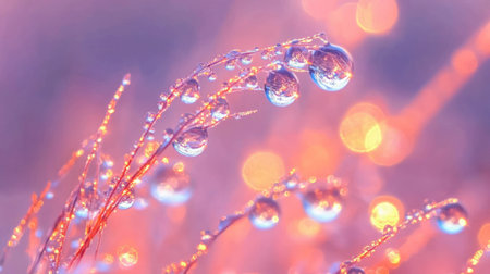 Morning dew drops on grass in sunlight macro photography for nature inspirationの素材