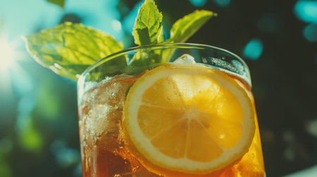 Refreshing iced tea with lemon slice and mint leaves on a sunny dayの素材