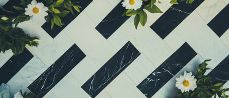 Minimalist collage featuring geometric tile and floral accents on a white backgroundの素材