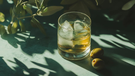 Refreshing pastis drink with ice and olives in summer lightの素材