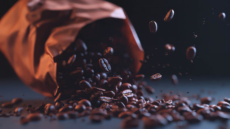 Realistic coffee bag burst with flying beans for cafÃ© design and decorの素材