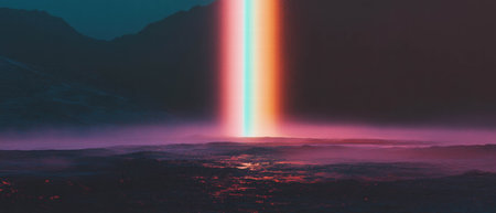 Surreal magical landscape illuminated by vibrant light against dark backgroundの素材