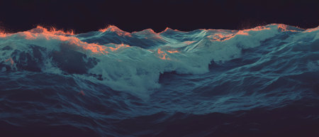 Dynamic dark ocean waves crashing vigorously against a blank backdropの写真素材