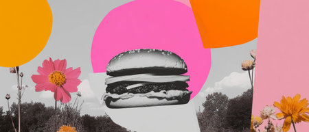 Minimalist collage featuring geometric shapes and a black-and-white burger cutoutの素材