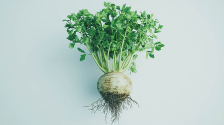 Fresh celeriac root with vibrant green stalks for culinary useの素材