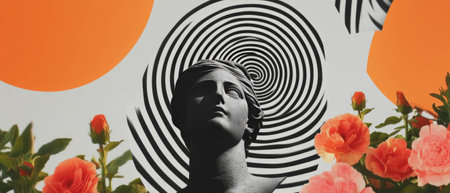 Minimalist collage featuring a statue with swirling vortexes and floral accents