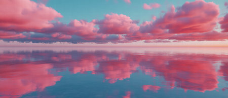 Sunset reflections on serene salt flats create a surreal pink landscapeの素材