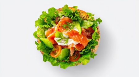 Fresh lambs lettuce salad with smoked salmon and cream cheese bagelの素材