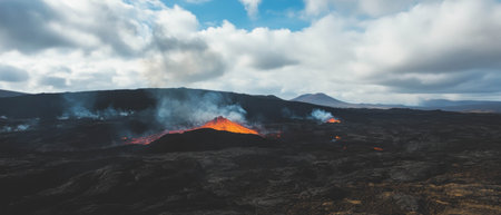 Dramatic volcanic landscape under cloudy sky with molten lava and rugged terrainの素材