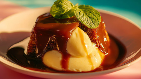 Sticky toffee pudding with custard dessert on plate with mint garnishの素材