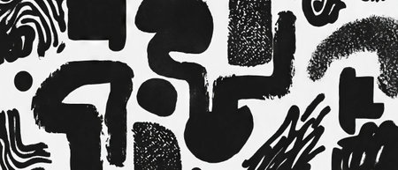 Black ink patterns create abstract texture on grainy white background for artistic designの素材