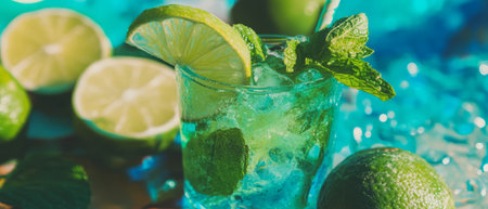Mint mojito cocktail garnished with fresh lime and mint leaves in a vibrant setting