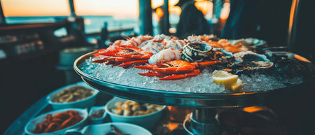Fresh seafood display by the ocean offers a flavorful dining experience at sunsetの素材