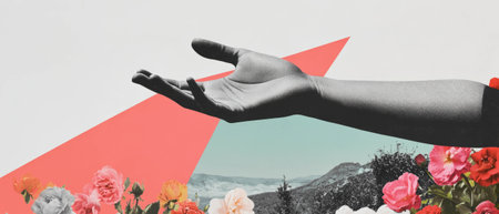 Minimalist collage featuring a hand reaching towards a distorted landscape with floral accentsの写真素材