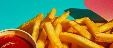 Crispy French fries paired with rich ketchup on a colorful tabletop snack spreadの写真素材
