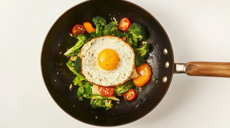 Delicious fried rice with fresh vegetables and sunny side up egg garnish for culinary enthusiastsの素材