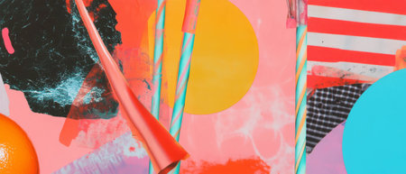 Playful minimalistic mixed media collage combining drink straws and vibrant texturesの素材