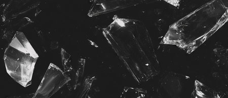 Splintered glass shards scattered on a black surface creating an abstract textureの素材