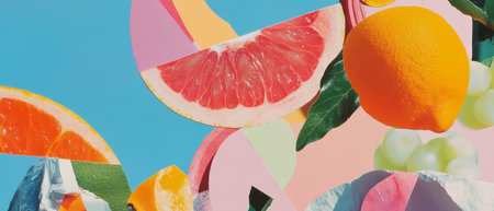 Playful mixed media collage featuring vibrant fruit fragments and colorful texturesの素材