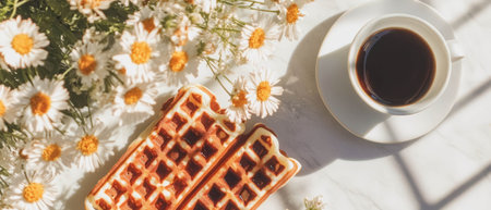 Minimalist collage of waffle with syrup surrounded by floral elements on white backgroundの素材