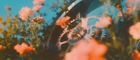 Beautiful contrast of clock gears and blooming flowers in a stunning double exposure artworkの写真素材