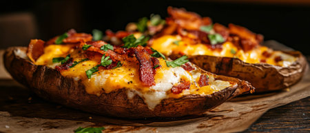 Loaded potato skins topped with cheese, bacon, and fresh herbs for a perfect bar snackの写真素材
