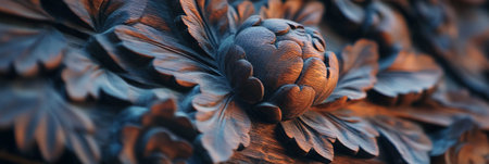 Intricate wooden carving showcasing detailed floral patterns and smooth texture in elegant designの素材