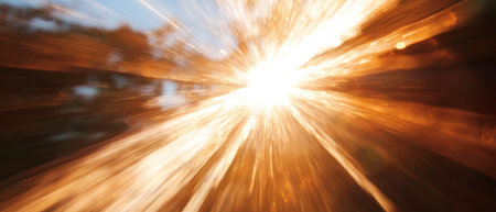 Radiant sunbeams create a vibrant overlay texture in a glowing landscapeの素材