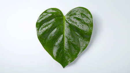 Heart shaped philodendron leaf with water droplets on white backgroundの素材