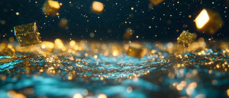 Mysterious abstract background with liquid metal cubes and flowing glitter streamsの素材